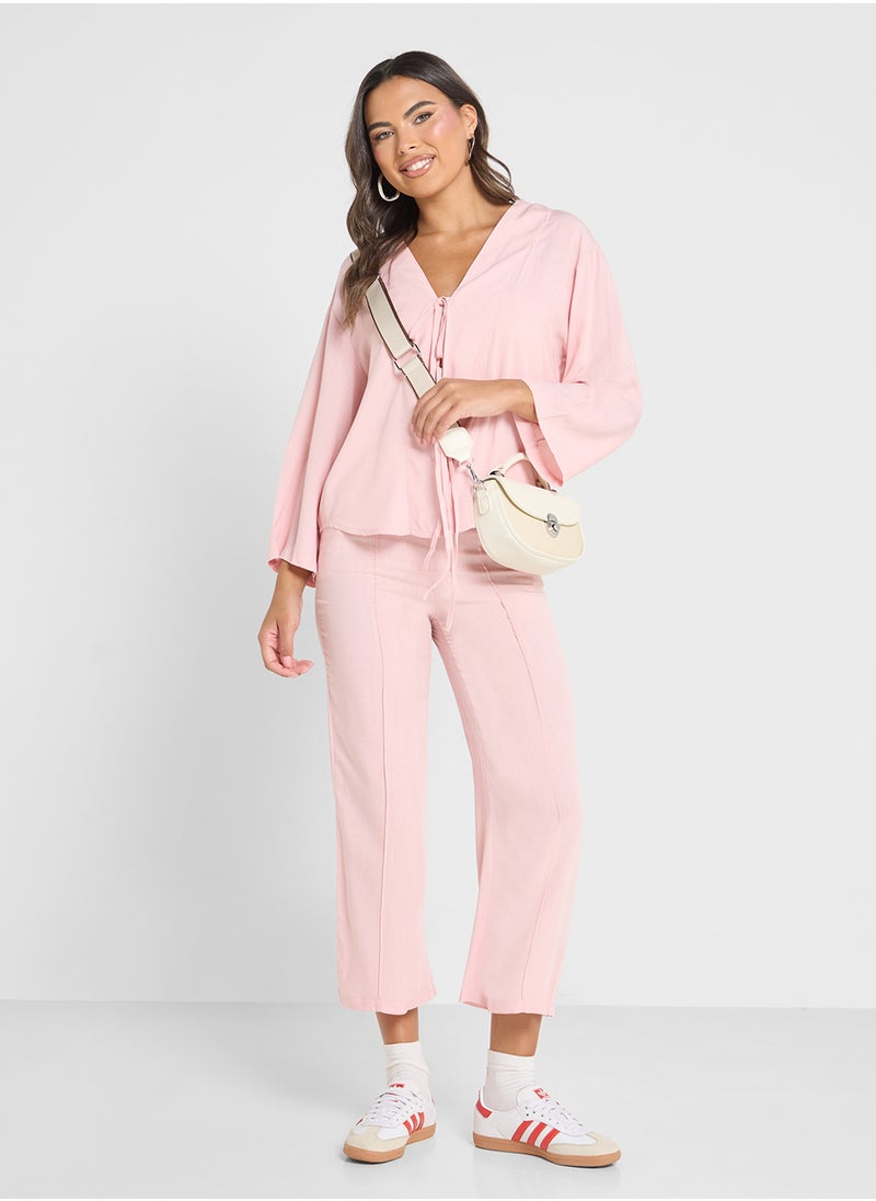 Ginger - Linen Blend Tie Up Detail Top & Pant Coord Set - Image 1