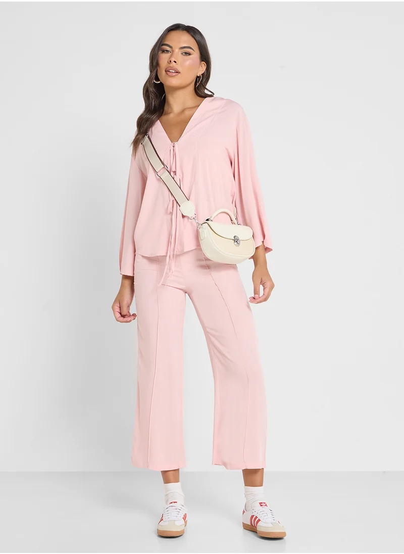 جينجر Linen Blend Tie Up Detail Top & Pant Coord Set