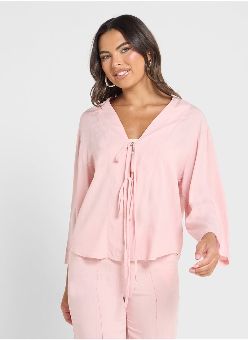 Ginger - Linen Blend Tie Up Detail Top & Pant Coord Set - Image 1