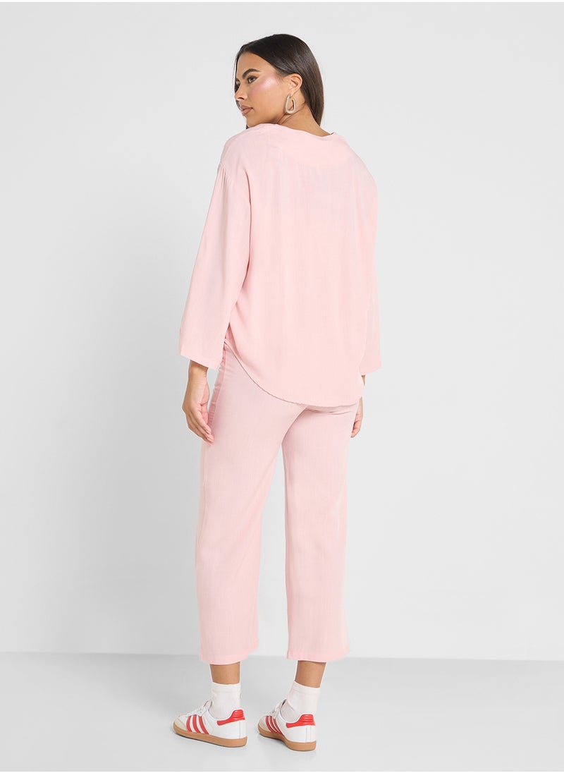 Ginger - Linen Blend Tie Up Detail Top & Pant Coord Set - Image 1