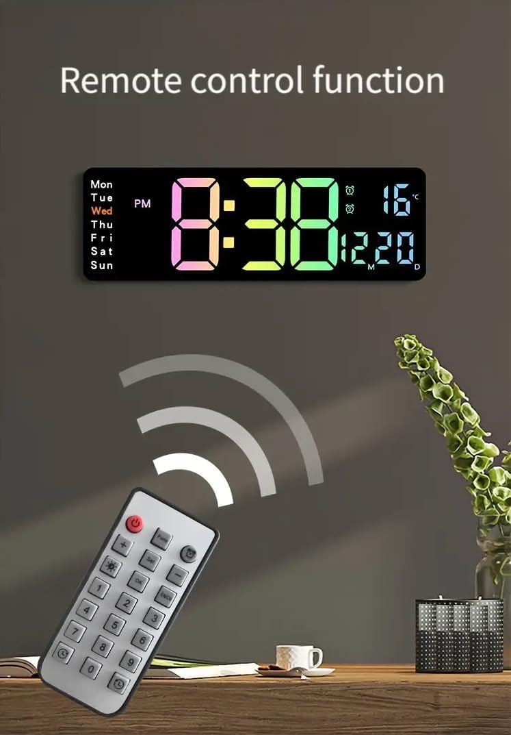 GREEVA Digital LED Wall Clock for Living Room Decor Large Display with Date TemperatureWeek Desk Alarm Clock for Bedroom LED Digital Alarm Clock with Remote Control for Office Home Multicolor - Image 3