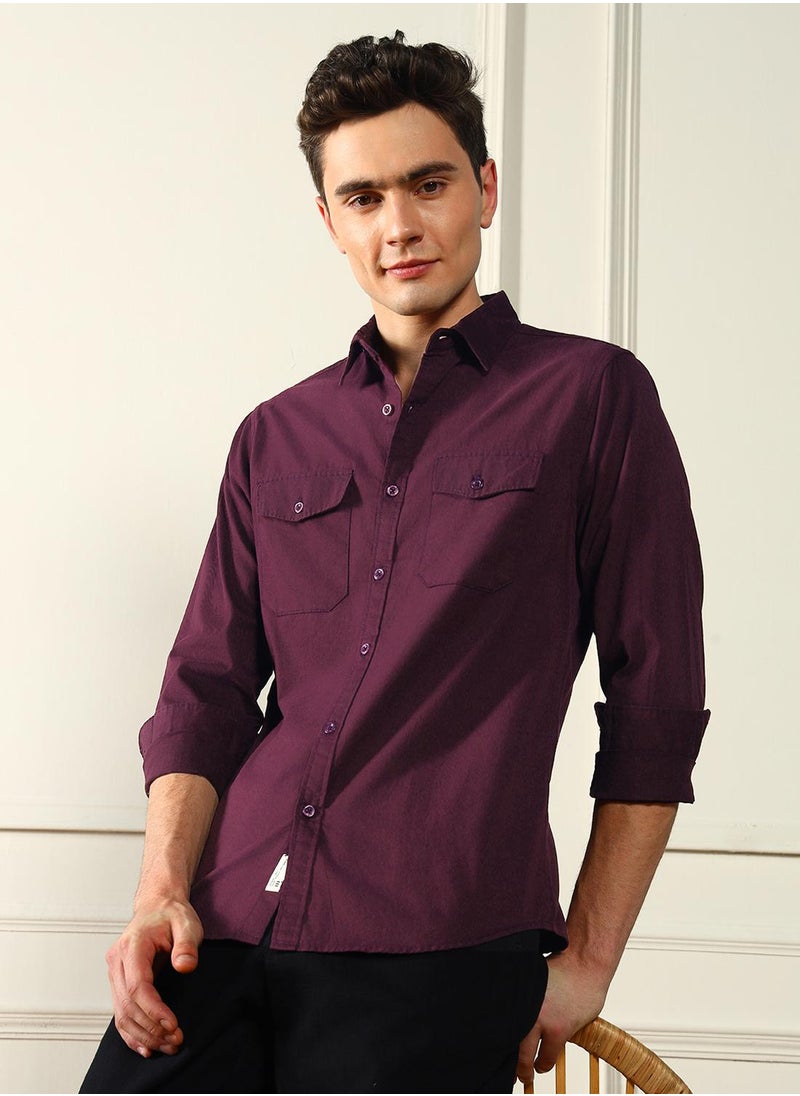 Dennis Lingo Men's Wine Cotton Blend Solid Pattern Regular FiT-Shirt  - Image 1