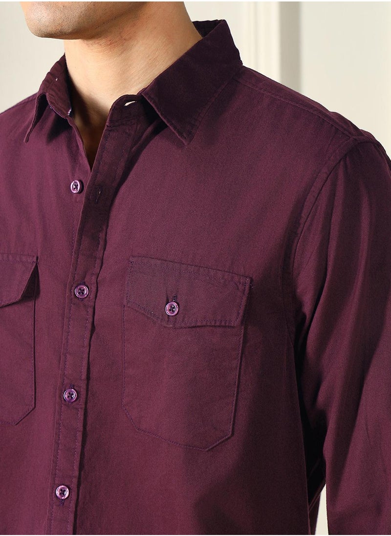 Men's Wine Cotton Blend Solid Pattern Regular FiT-Shirt