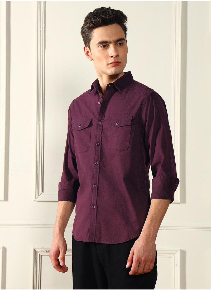 Dennis Lingo Men's Wine Cotton Blend Solid Pattern Regular FiT-Shirt  - Image 3