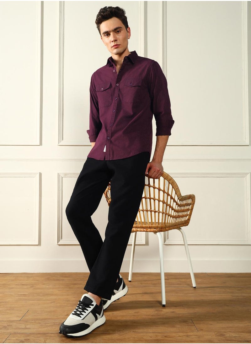 Men's Wine Cotton Blend Solid Pattern Regular FiT-Shirt