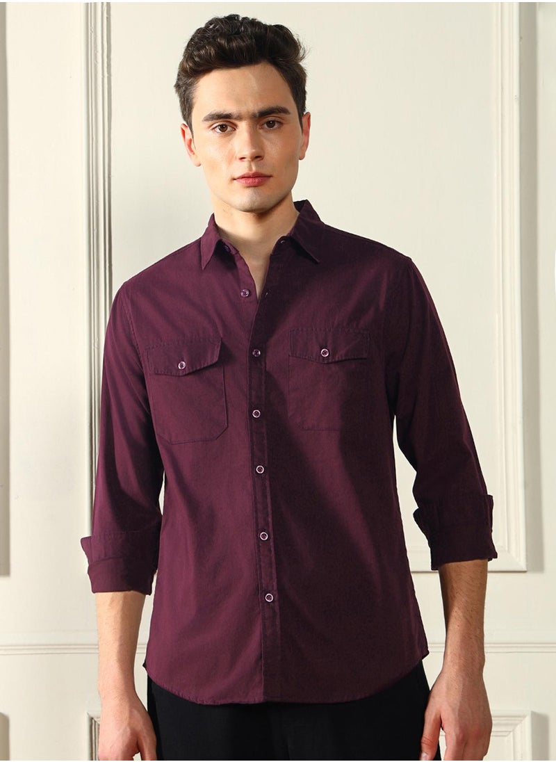 Dennis Lingo Men's Wine Cotton Blend Solid Pattern Regular FiT-Shirt  - Image 2