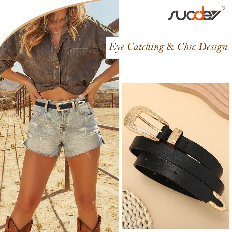 SUOSDEY Western Skinny Leather Belt for Women Cowgirl Cowboy Carving Buckle Waist Belt for Jeans Dresses,0.8" Width,black - Image 2