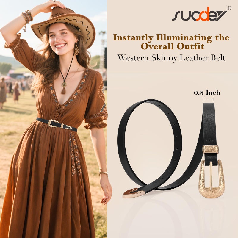 SUOSDEY Western Skinny Leather Belt for Women Cowgirl Cowboy Carving Buckle Waist Belt for Jeans Dresses,0.8" Width,black - Image 4