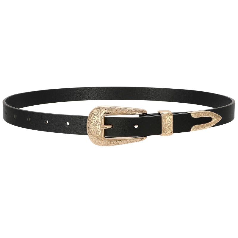SUOSDEY Western Skinny Leather Belt for Women Cowgirl Cowboy Carving Buckle Waist Belt for Jeans Dresses,0.8" Width,black - Image 1