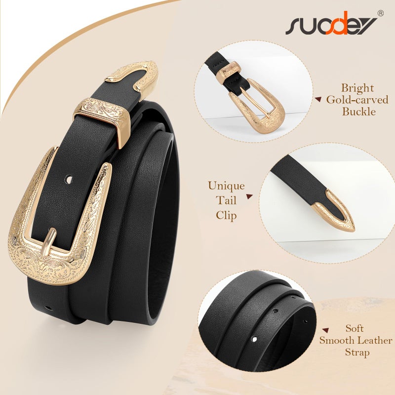 SUOSDEY Western Skinny Leather Belt for Women Cowgirl Cowboy Carving Buckle Waist Belt for Jeans Dresses,0.8" Width,black - Image 3