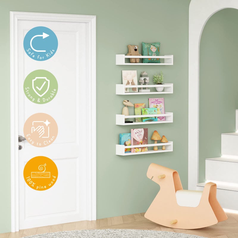 Forbena 24 Inch Wall Bookshelf for Kids Bedroom Set of 4, White Floating Nursery Book Shelves for Baby Toddler Children Girls Boys Room Decor, Large Wood Wall Mount Bookshelves and Toy Storage - Image 3