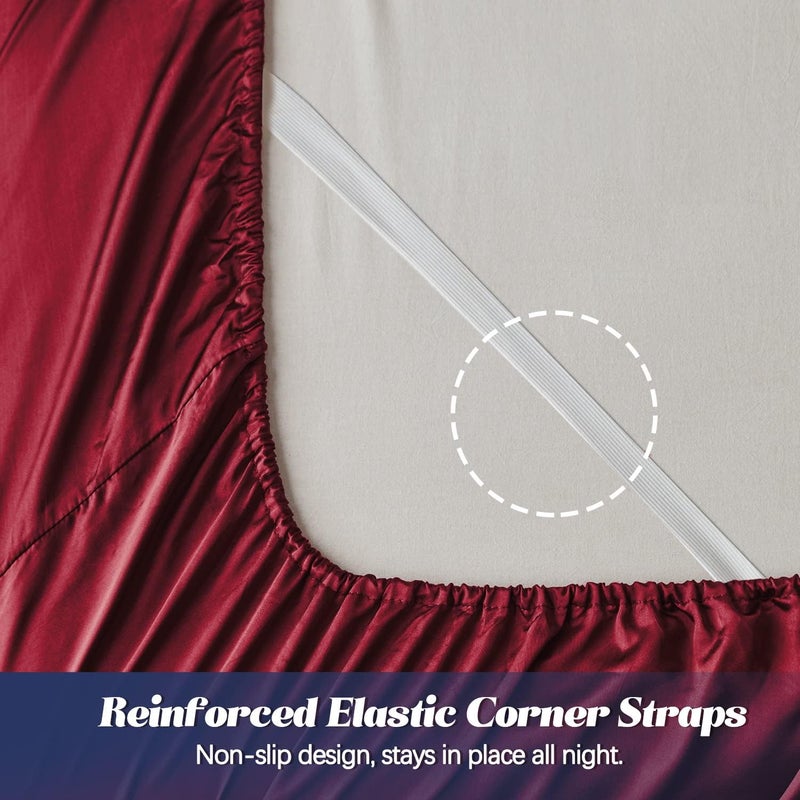MR&HM MR&HM Satin Fitted Sheet Queen Size  Silky Bottom Sheet with Elastic Corner Straps  Deep Pocket up to 15 Inch  No More Slipping Off for Mattress - 1 Fitted Sheet Only (Burgundy)  - Image 3