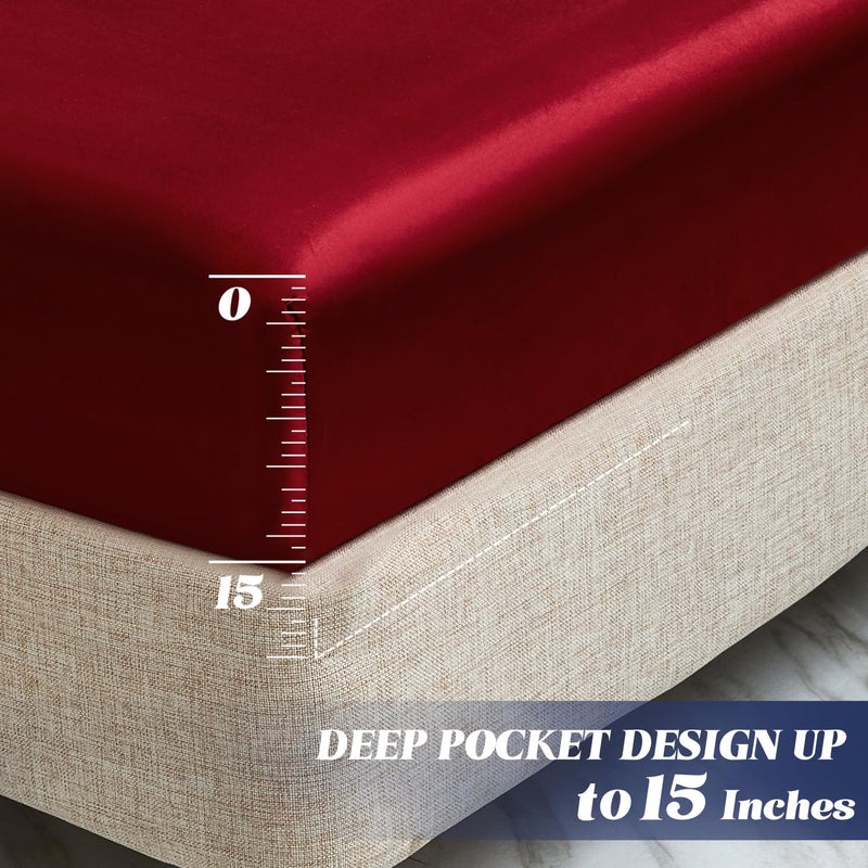 MR&HM MR&HM Satin Fitted Sheet Queen Size  Silky Bottom Sheet with Elastic Corner Straps  Deep Pocket up to 15 Inch  No More Slipping Off for Mattress - 1 Fitted Sheet Only (Burgundy)  - Image 4