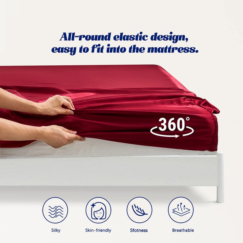 MR&HM MR&HM Satin Fitted Sheet Queen Size  Silky Bottom Sheet with Elastic Corner Straps  Deep Pocket up to 15 Inch  No More Slipping Off for Mattress - 1 Fitted Sheet Only (Burgundy)  - Image 5