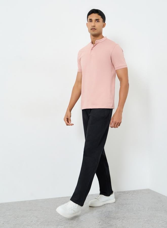 Styli Men Pink Cotton Compact Jersey Mandarin Polo - Image 4