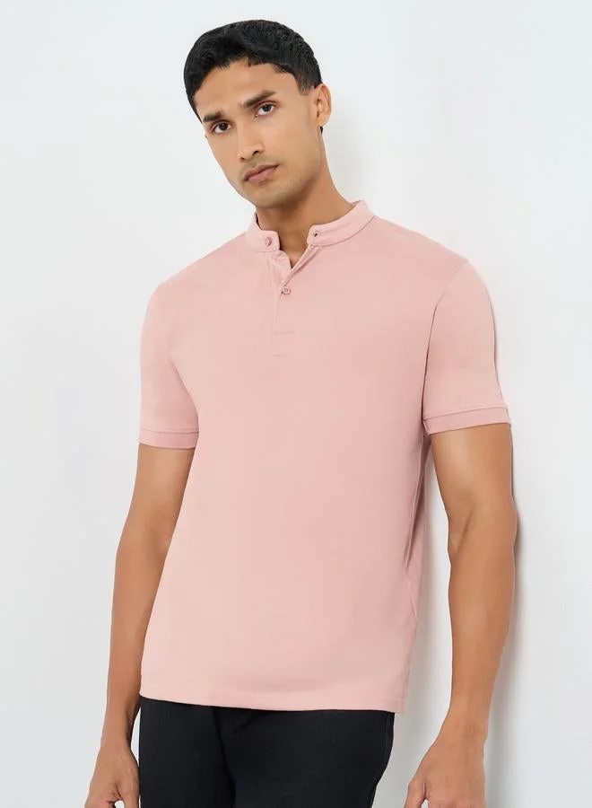 Men Pink Cotton Compact Jersey Mandarin Polo