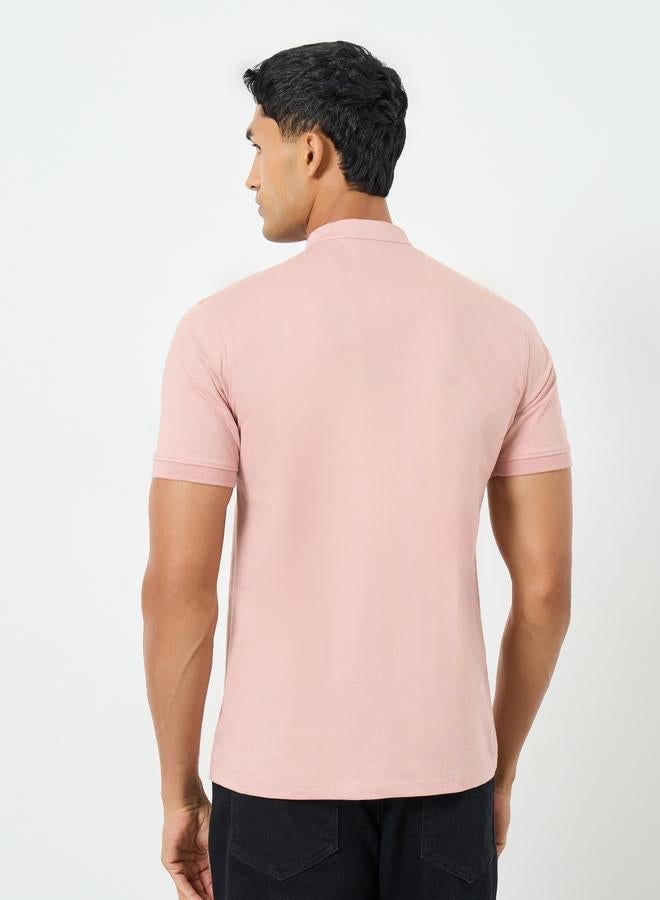 Styli Men Pink Cotton Compact Jersey Mandarin Polo - Image 3