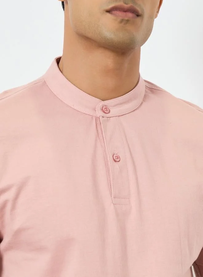 Styli Men Pink Cotton Compact Jersey Mandarin Polo