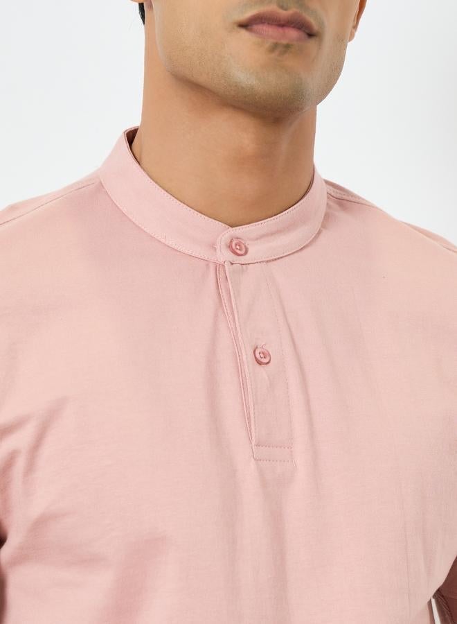 Styli Men Pink Cotton Compact Jersey Mandarin Polo - Image 2