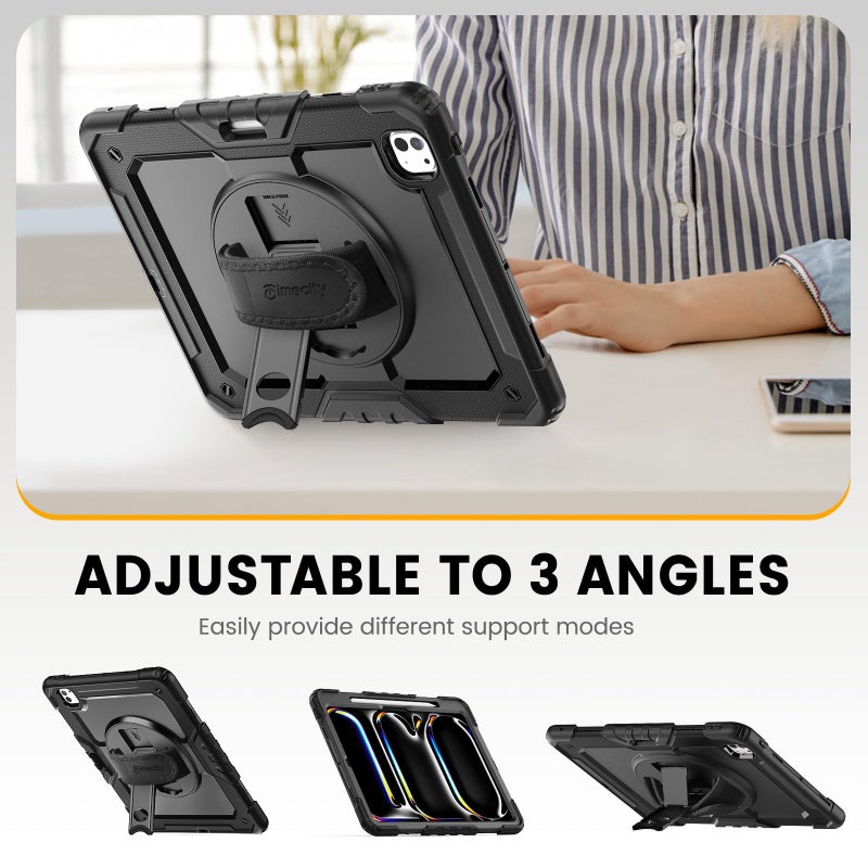 timecity for iPad Pro 13 Inch M5 2025 / M4 2024, 360Â° Rotating Stand, Pencil Holder & Wireless Charging, Shockproof with Screen Protector & Shoulder Strap - for Designers & Professionals, Black - Image 5