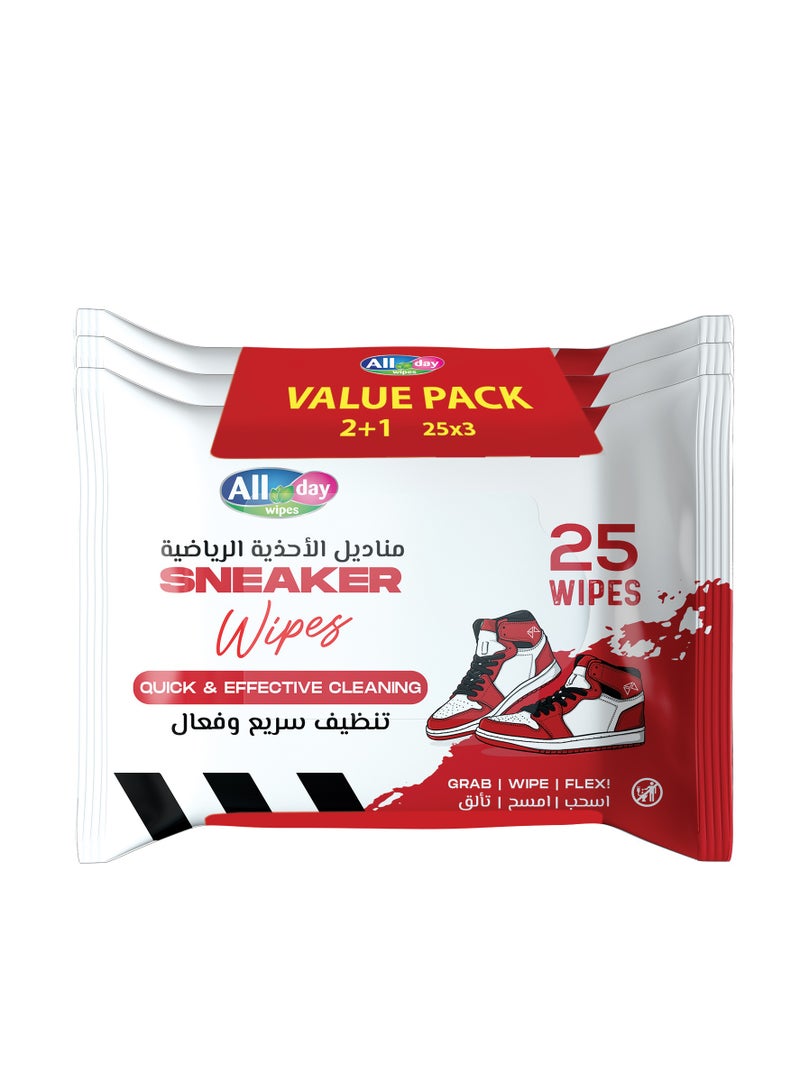 All day wipes All Day Sneaker Wet Wipes (Quick & Effective Cleaning)-25 Count Grab/Wipe/Flex : Instantly Removes Dirt, Scuffs, and Stains from all Sneaker Materials. ( Pack of 3) - Image 1