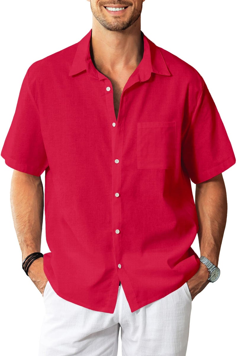 KYKU Summer Mens Red Shirt Mens Clothing Short Sleeve Button Up Casual Cotton Linen Beach Shirt with Pocket L - Image 1
