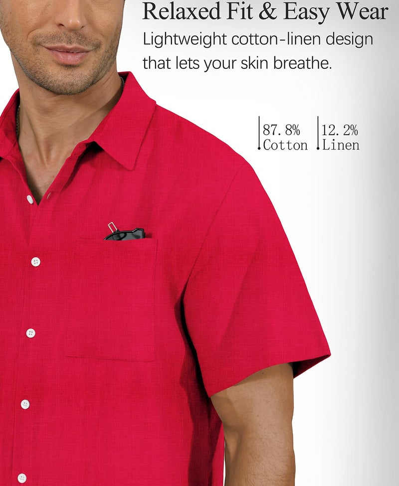 KYKU Summer Mens Red Shirt Mens Clothing Short Sleeve Button Up Casual Cotton Linen Beach Shirt with Pocket L - Image 4