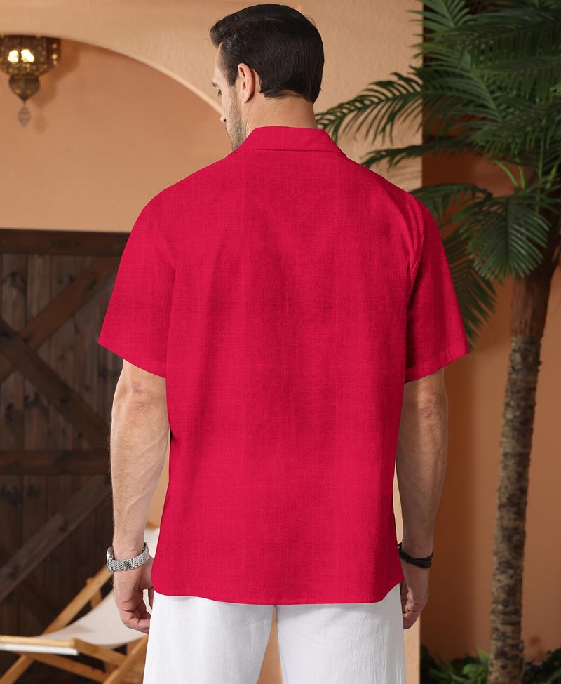 KYKU Summer Mens Red Shirt Mens Clothing Short Sleeve Button Up Casual Cotton Linen Beach Shirt with Pocket L - Image 3