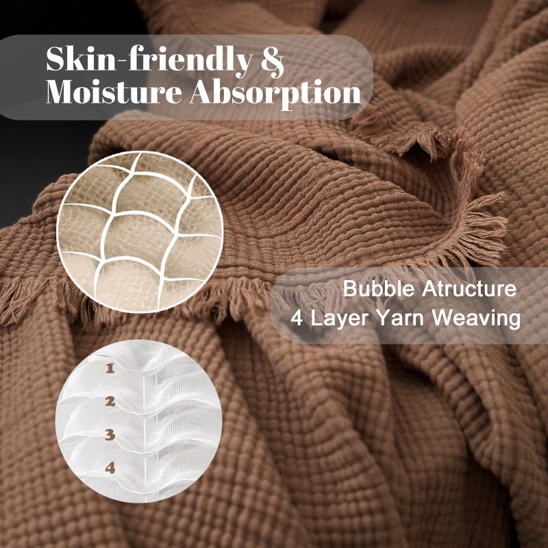 MorroMorn 100% Cotton Muslin Throw Blanket with Fringes 50"x60", 4-Layer Cotton Gauze Blankets for Adults, Boho Bedding Breathable Lightweight Ultra-Soft for Couch Bed Sofa All Seasons, Brown - Image 2
