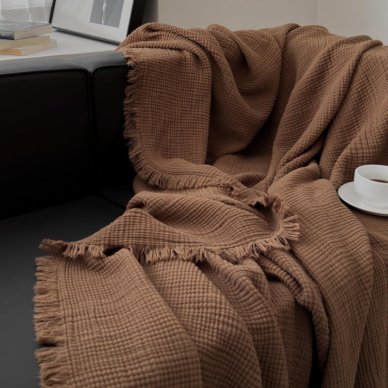 MorroMorn 100% Cotton Muslin Throw Blanket with Fringes 50"x60", 4-Layer Cotton Gauze Blankets for Adults, Boho Bedding Breathable Lightweight Ultra-Soft for Couch Bed Sofa All Seasons, Brown - Image 5