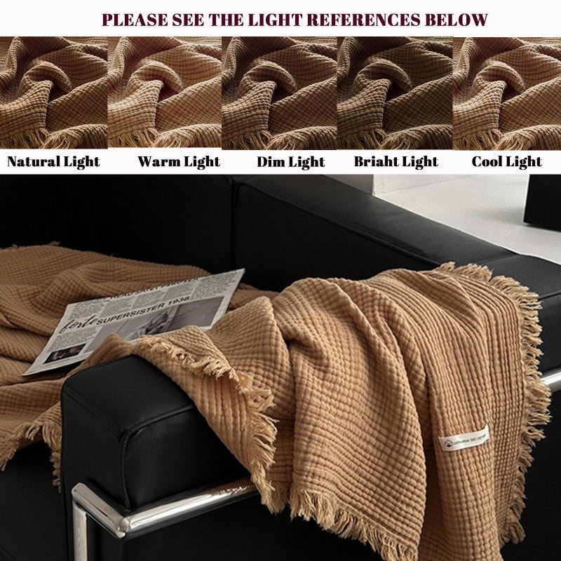 MorroMorn 100% Cotton Muslin Throw Blanket with Fringes 50"x60", 4-Layer Cotton Gauze Blankets for Adults, Boho Bedding Breathable Lightweight Ultra-Soft for Couch Bed Sofa All Seasons, Brown - Image 4