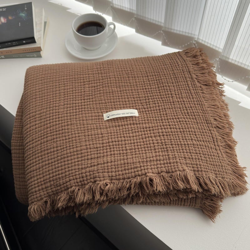 MorroMorn 100% Cotton Muslin Throw Blanket with Fringes 50"x60", 4-Layer Cotton Gauze Blankets for Adults, Boho Bedding Breathable Lightweight Ultra-Soft for Couch Bed Sofa All Seasons, Brown - Image 1