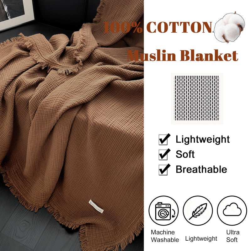 MorroMorn 100% Cotton Muslin Throw Blanket with Fringes 50"x60", 4-Layer Cotton Gauze Blankets for Adults, Boho Bedding Breathable Lightweight Ultra-Soft for Couch Bed Sofa All Seasons, Brown - Image 3