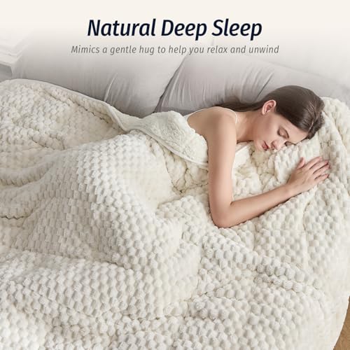 Wemore Fleece Weighted Blanket for Adults (60" x 80" 15lbs, Cream White), Dual Sided Cozy Soft Sherpa Heavy Blanket with 3D Imitation Turtle Shell Warm Jacquard Flannel for Couch and Bed - Image 3