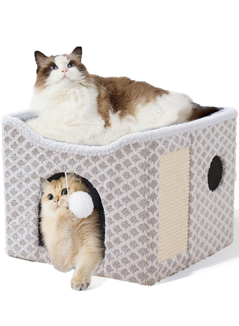 XiuWoo Large Indoor Cat Beds, Foldable Kitten House, Cat Cave, Small Aminal Hideawa, Condo Cat Cube for Pet Cube with Fluffy Ball Hanging - Image 1