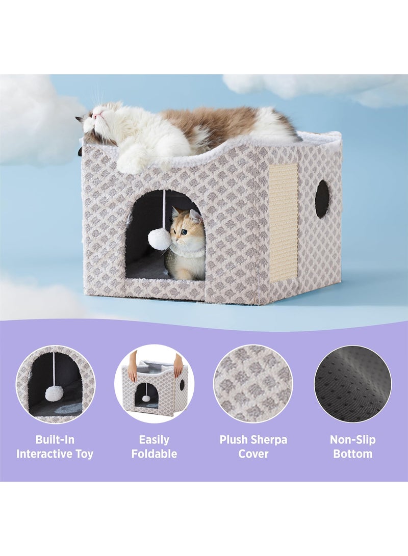 XiuWoo Large Indoor Cat Beds, Foldable Kitten House, Cat Cave, Small Aminal Hideawa, Condo Cat Cube for Pet Cube with Fluffy Ball Hanging - Image 2