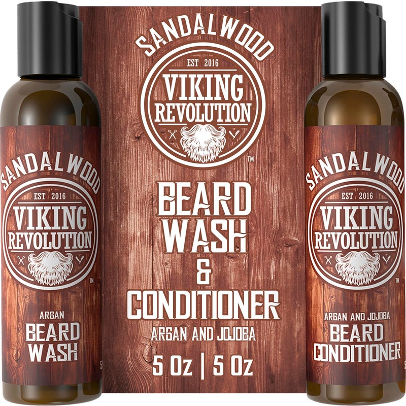 Viking Revolution Beard Wash Beard Conditioner Set wArgan Jojoba Oils Softens Strengthens Natural Beard Shampoo wBeard Oil Sandalwood 5oz