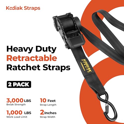 KODIAK STRAPS Retractable Ratchet Straps 2" x 10ft, 3,000lb Break Strength, Heavy Duty Easy Release Tie Down for Trucks, Trailers, Motorcycles, ATVs, Secure Cargo KODIAK STRAPS (Black, 2Pack) - Image 2