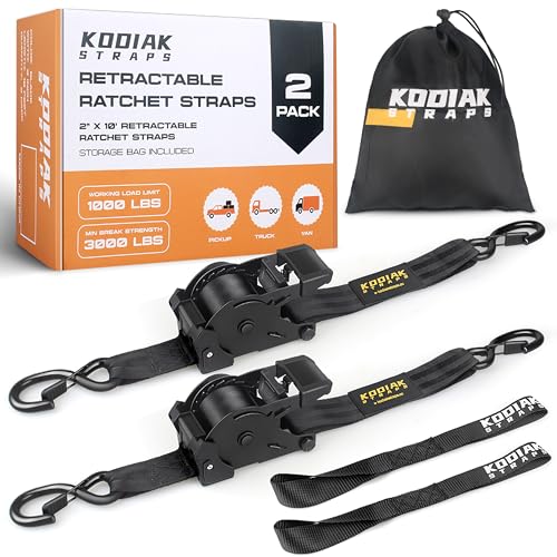 KODIAK STRAPS Retractable Ratchet Straps 2" x 10ft, 3,000lb Break Strength, Heavy Duty Easy Release Tie Down for Trucks, Trailers, Motorcycles, ATVs, Secure Cargo KODIAK STRAPS (Black, 2Pack) - Image 1