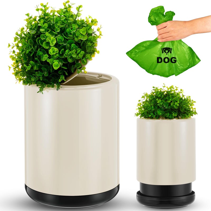 Jingmore Dog Poop Trash Can Outside 13 L 3 4 Gal Dog Waste Trash Can with Lid Plantstyled Doublelayer Design Outdoor Garbage Container for Front Porch Backyard Office PatioWhite