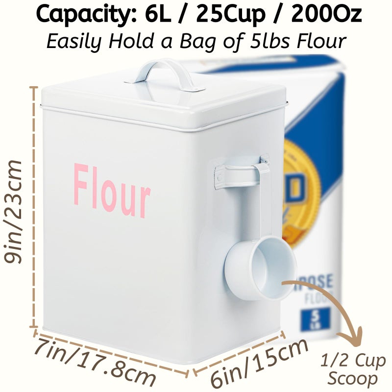 Youeon Metal Flour Container with Scoop and Lid, 6.3 Quart (Holds up to 7 lbs), Galvanized Steel Flour Canister with Handles, Farmhouse Square Storage Bin for Kitchen Counter, Pantry, White - Image 2