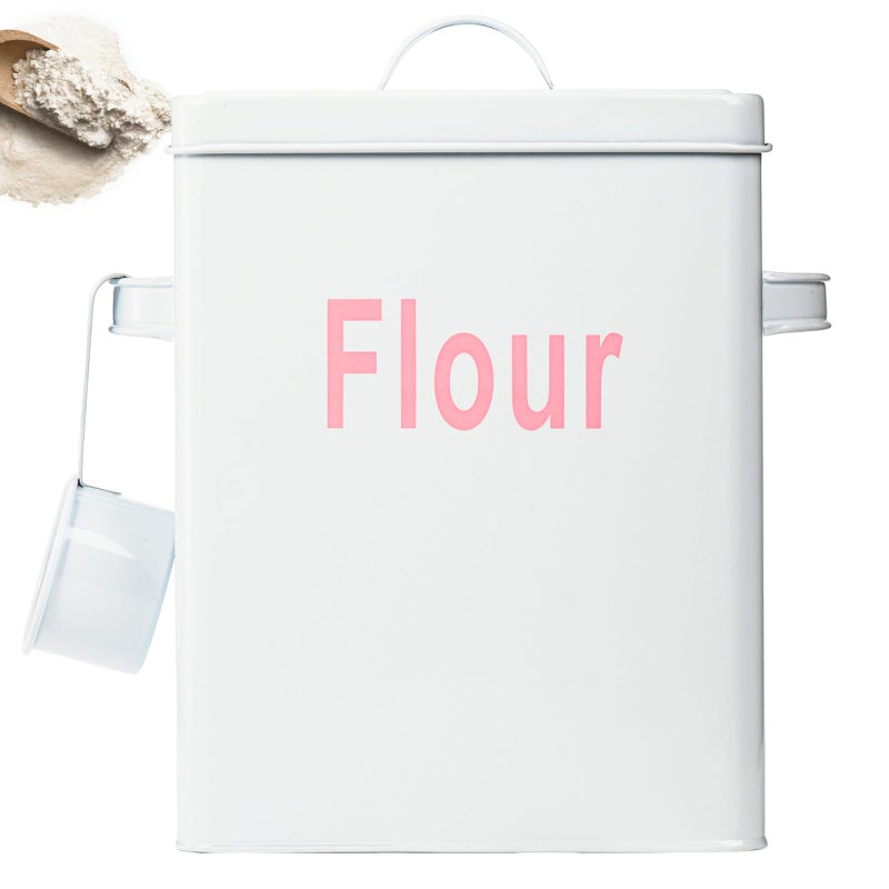 Youeon Metal Flour Container with Scoop and Lid, 6.3 Quart (Holds up to 7 lbs), Galvanized Steel Flour Canister with Handles, Farmhouse Square Storage Bin for Kitchen Counter, Pantry, White - Image 1