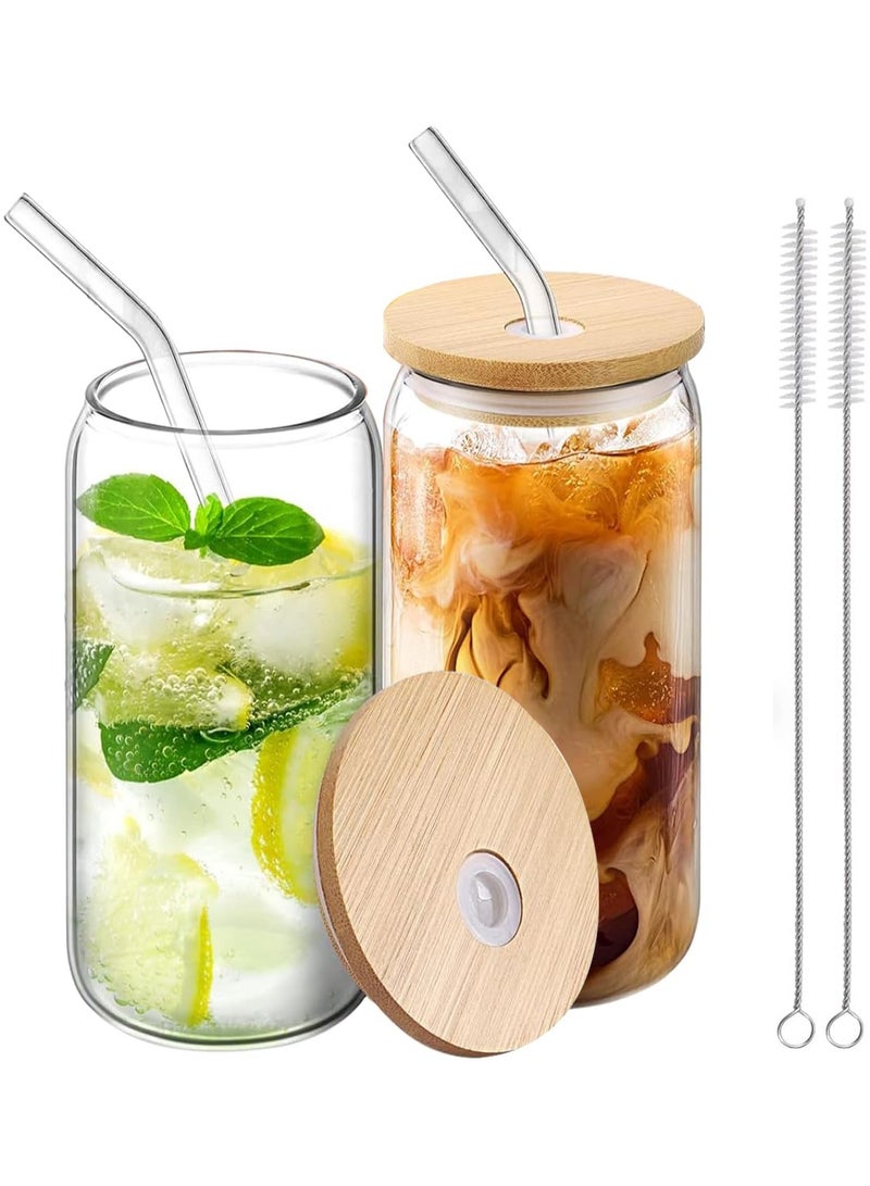 TYCOM Drinking Glasses with Bamboo Lids and Glass Straw, 500ml Beer Can Shaped Glass Cups, Tumbler Cup Ideal For Beer, Tea, Soda, Iced Coffee (2pc, 500ml)  - Image 1