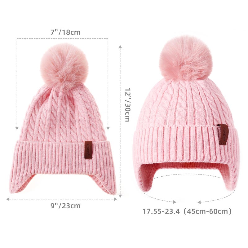 FENELY Girls Boys Winter Hat for 3-12 Years, Children's Warm Knitted Earflaps Beanie with Pom Pom Thicken Fleece Lining Cap for Kids Pink - Image 5