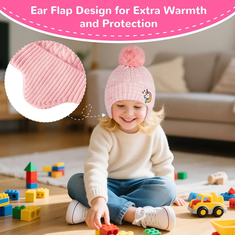 FENELY Girls Boys Winter Hat for 3-12 Years, Children's Warm Knitted Earflaps Beanie with Pom Pom Thicken Fleece Lining Cap for Kids Pink - Image 2