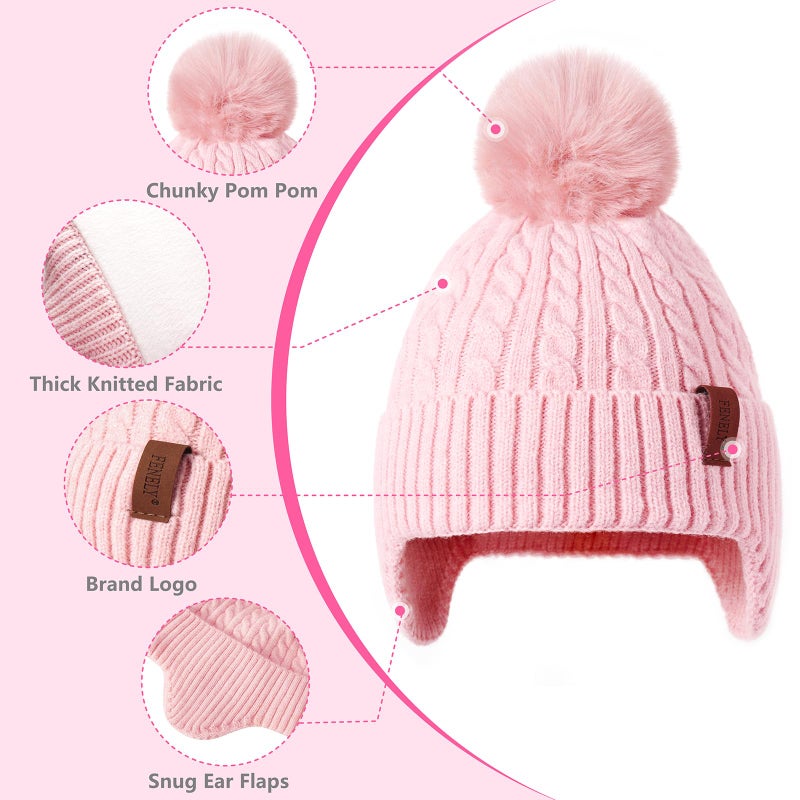 FENELY Girls Boys Winter Hat for 3-12 Years, Children's Warm Knitted Earflaps Beanie with Pom Pom Thicken Fleece Lining Cap for Kids Pink - Image 4