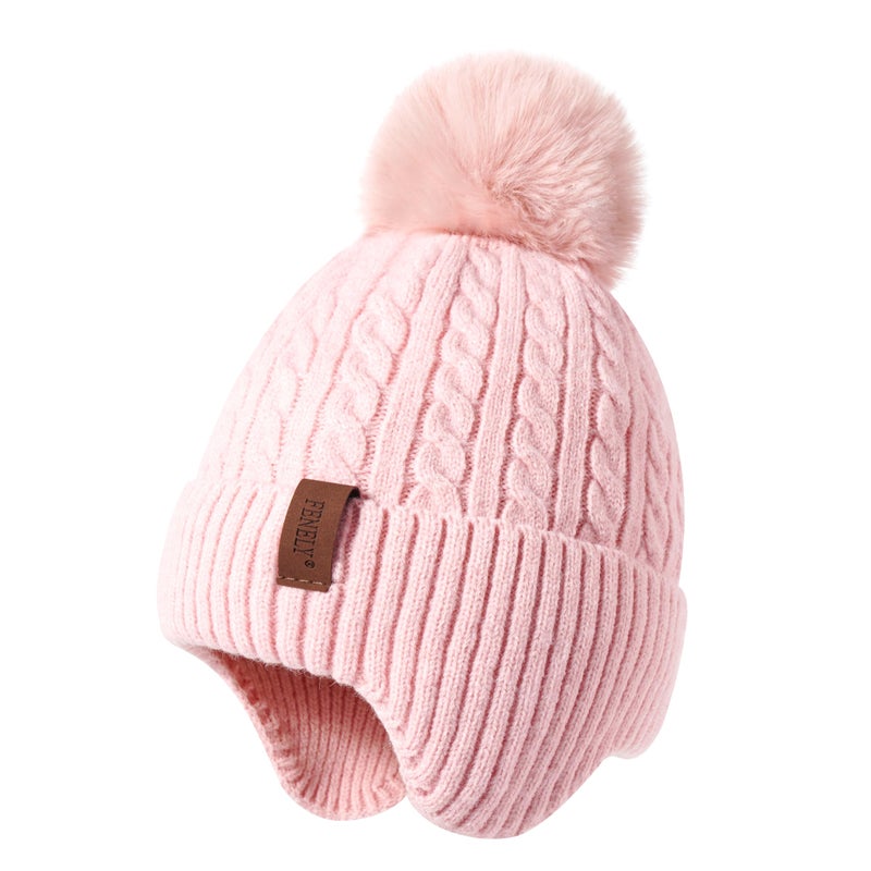 FENELY Girls Boys Winter Hat for 3-12 Years, Children's Warm Knitted Earflaps Beanie with Pom Pom Thicken Fleece Lining Cap for Kids Pink - Image 1