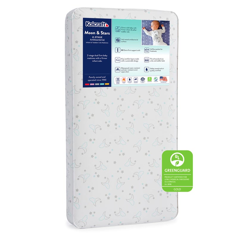 Kolcraft Crib Mattress Toddler Bed Mattress BabyPedic 2Stage Antibacterial Baby Mattress for Crib Extra Firm Waterproof Crib Mattress Dreamy Moonlight Stars
