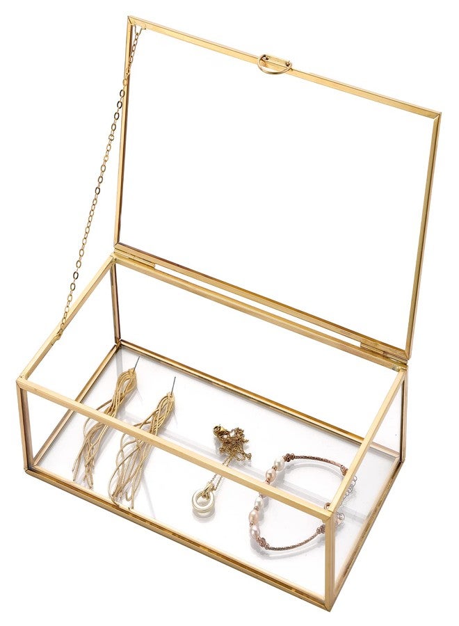 AMGSH 7.8" Golden Vintage Glass Keepsake Box | Jwelry Lidded Box Decorative Glass Golden Boxes for Display,Clear Rectangle Box Rings Bracelet Earring Organizer (7.8 x 4.3 x 2.3inch) - Image 1