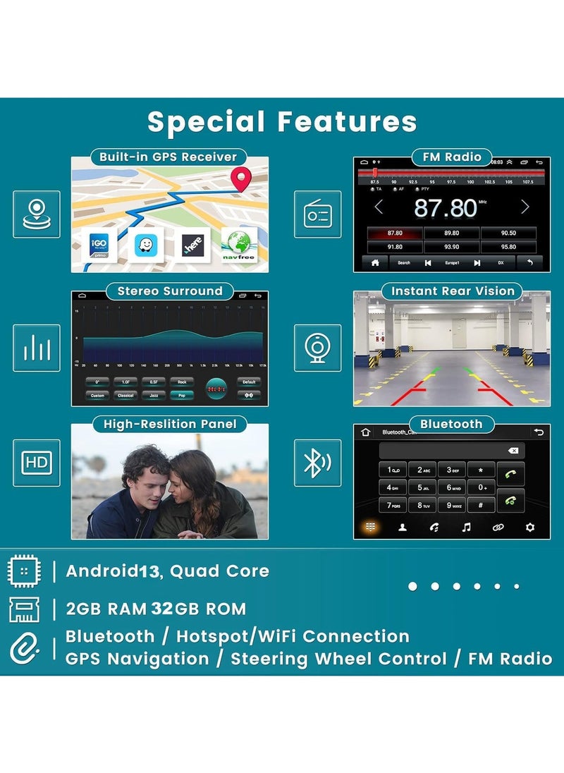 ماركة غير محددة - شاشة سيارة أندرويد 13 مقاس 7 بوصات – نظام ملاحة GPS، 2GB RAM / 32GB ROM، متوافقة مع Carplay و Android Auto، شاشة لمس IPS لهاتف تيبو إيجيا - Image 1